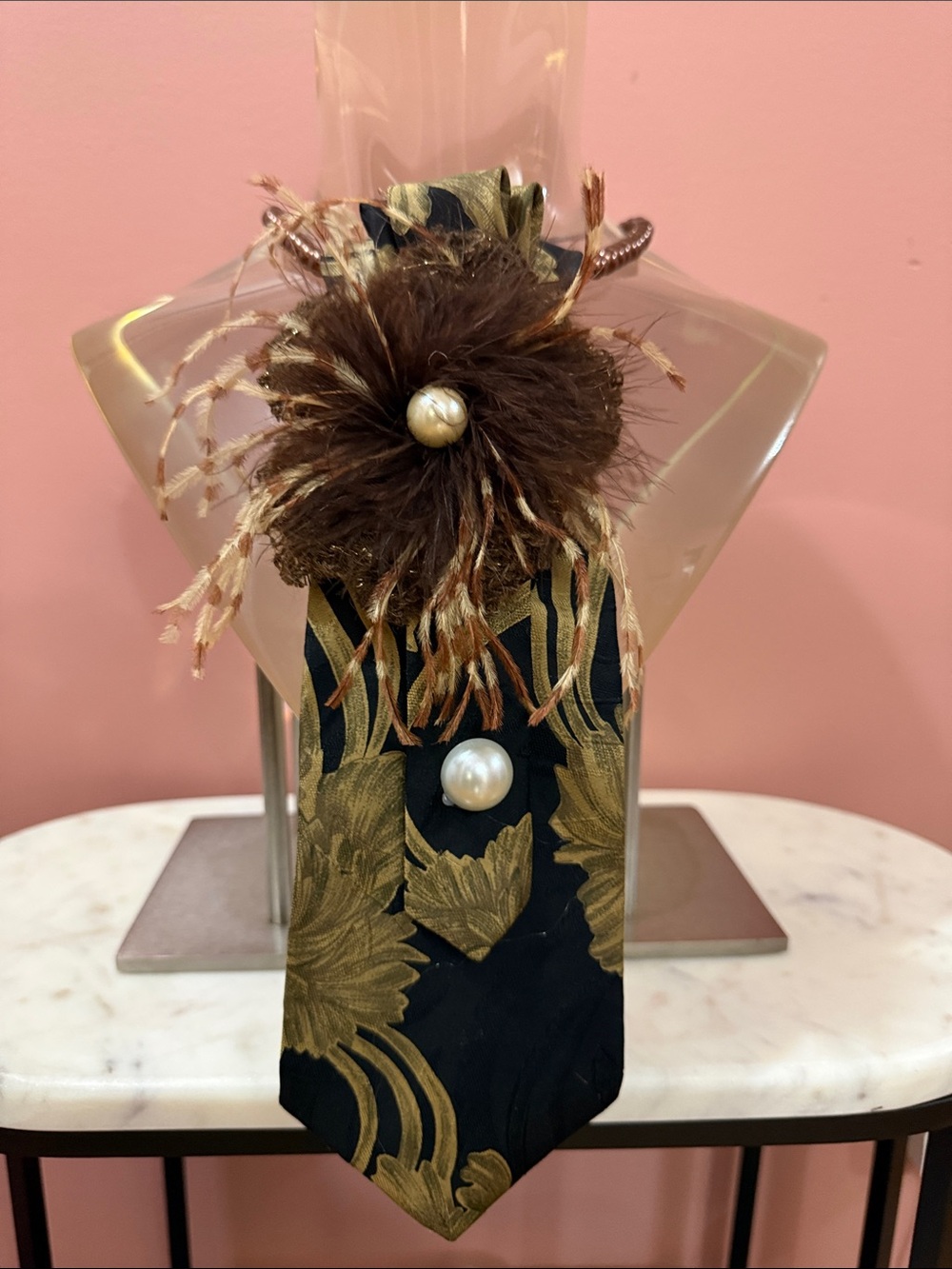 Elegant Black & Gold Floral Scarf Tie with Pearl Accent